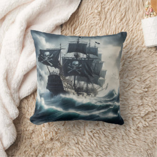 Pirate Ship Navigating Stormy Seas at Dusk Cushion