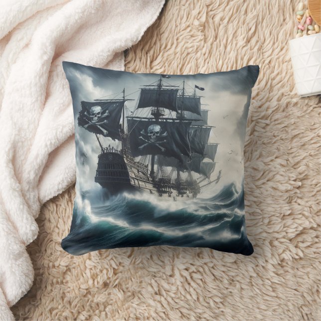 Pirate Ship Navigating Stormy Seas at Dusk Cushion (Blanket)