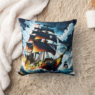 Pirate Ship Navigating Stormy Seas at Dusk Cushion