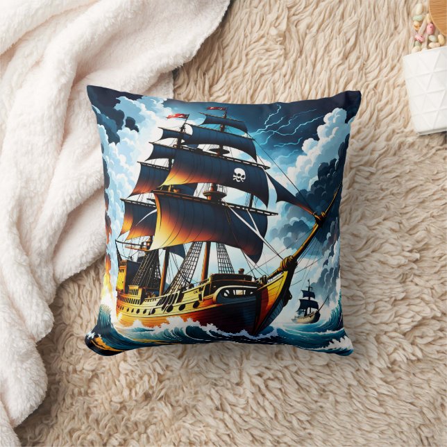 Pirate Ship Navigating Stormy Seas at Dusk Cushion (Blanket)
