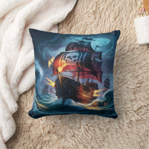 Pirate Ship Navigating Stormy Seas at Night Cushion