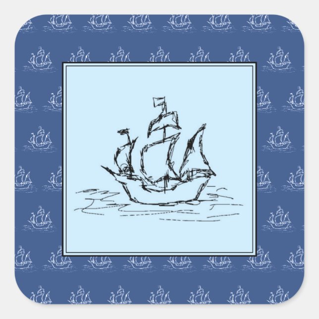 Pirate Ship on Ship Pattern, Blue. Square Sticker (Front)