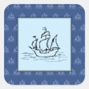 Pirate Ship on Ship Pattern, Blue. Square Sticker