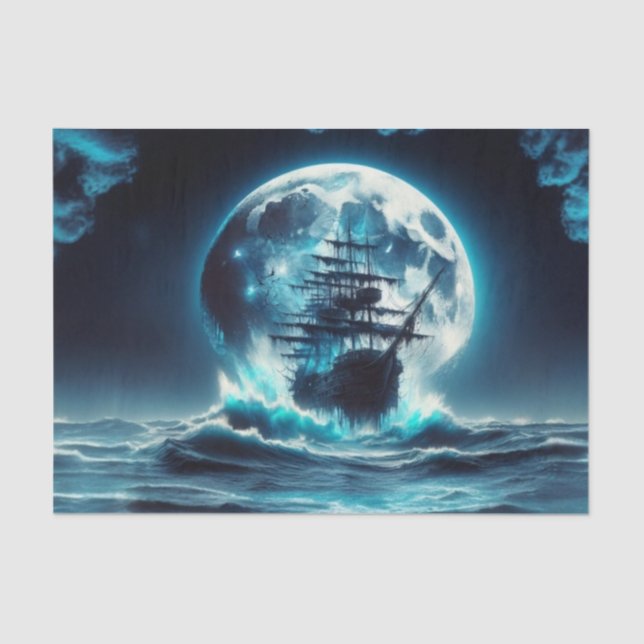 Pirate Ship on Wild Waves Moonlit Night Decoupage Tissue Paper (Front)