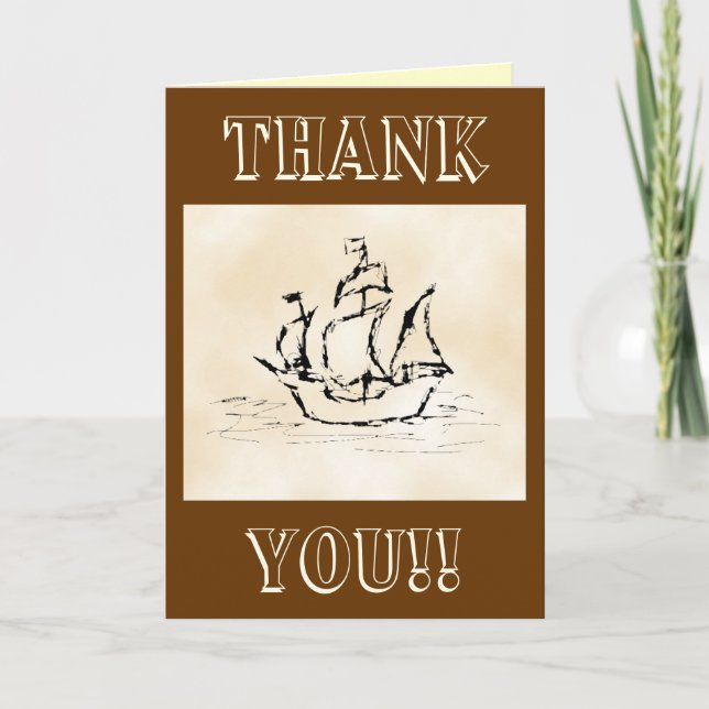 Pirate Ship. Parchment Pattern Background. Thank You Card (Front)