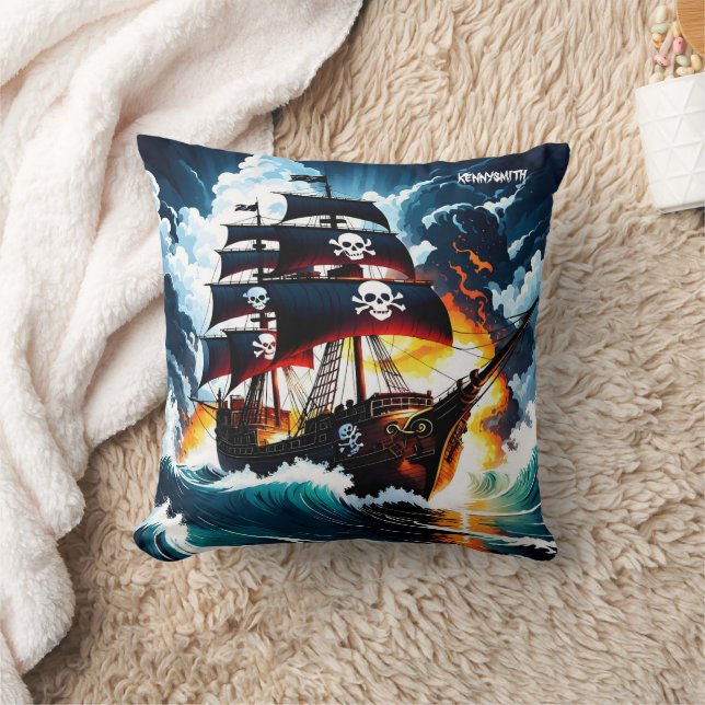 Pirate Ship Sailing Among Stormy Waves at Dusk Cushion (Blanket)