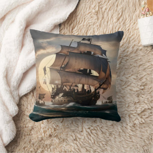 Pirate Ship Sailing at Dusk With Rolling Waves Cushion