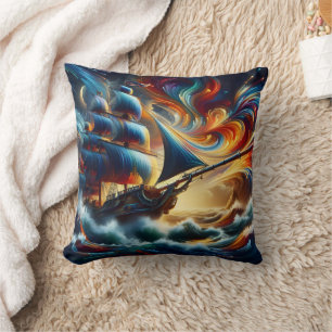 Pirate Ship Sailing Colourful Waves Cushion