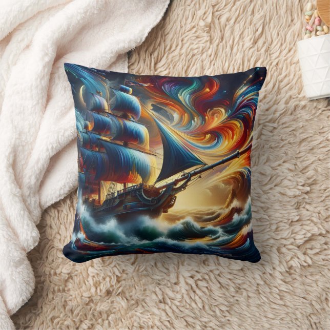 Pirate Ship Sailing Colourful Waves Cushion (Blanket)