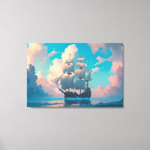 Pirate Ship Sailing In Fluffy Pastel Clouds Canvas Print