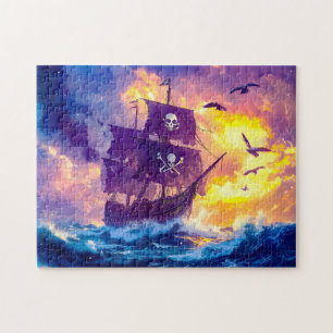 Pirate Ship Sailing into the Sunset on Open Sea Jigsaw Puzzle