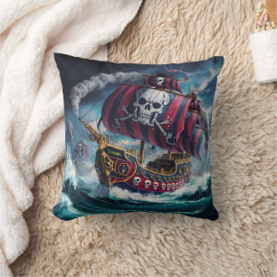 Pirate Ship Sailing Rough Seas at Dusk Cushion
