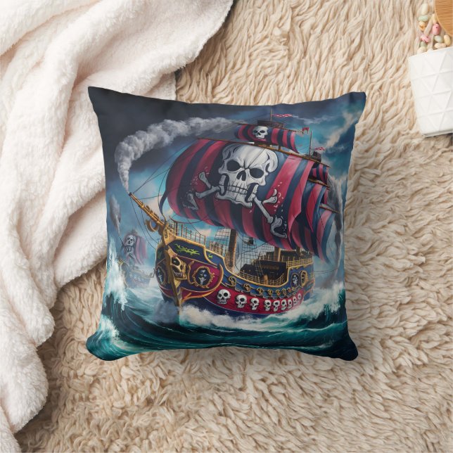 Pirate Ship Sailing Rough Seas at Dusk Cushion (Blanket)