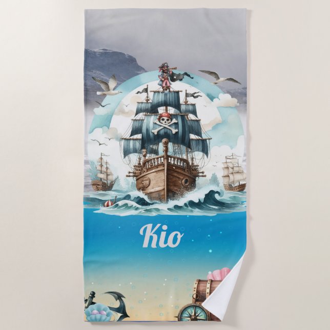 Pirate ship sailing the sea's Beach Towel (Front)