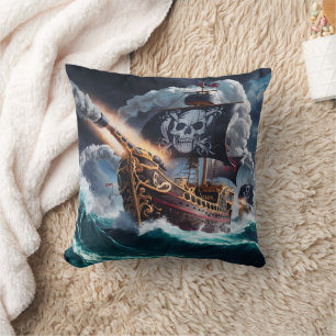 Pirate Ship Sailing Through Stormy Seas at Dusk Cushion