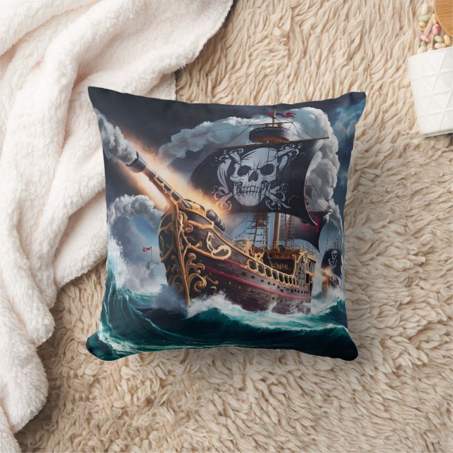 Pirate Ship Sailing Through Stormy Seas at Dusk Cushion (Blanket)