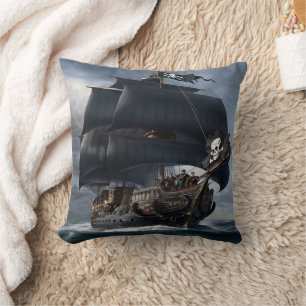 Pirate Ship Sailing Through Stormy Seas at Dusk Cushion