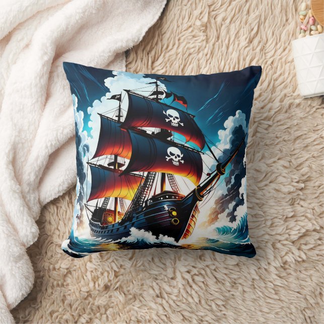 Pirate Ship Sailing Through Stormy Seas at Dusk Cushion (Blanket)