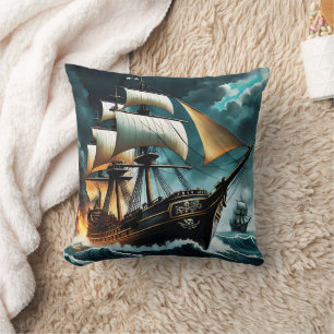 Pirate Ship Sailing Through Stormy Seas at Dusk Cushion