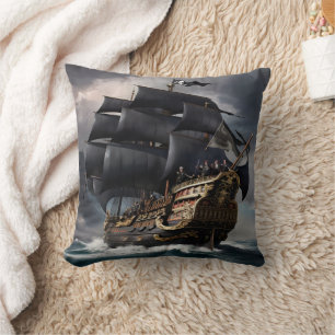 Pirate Ship Sailing Through Stormy Seas at Dusk Cushion