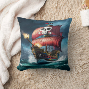 Pirate Ship Sailing Through Stormy Seas at Dusk Cushion