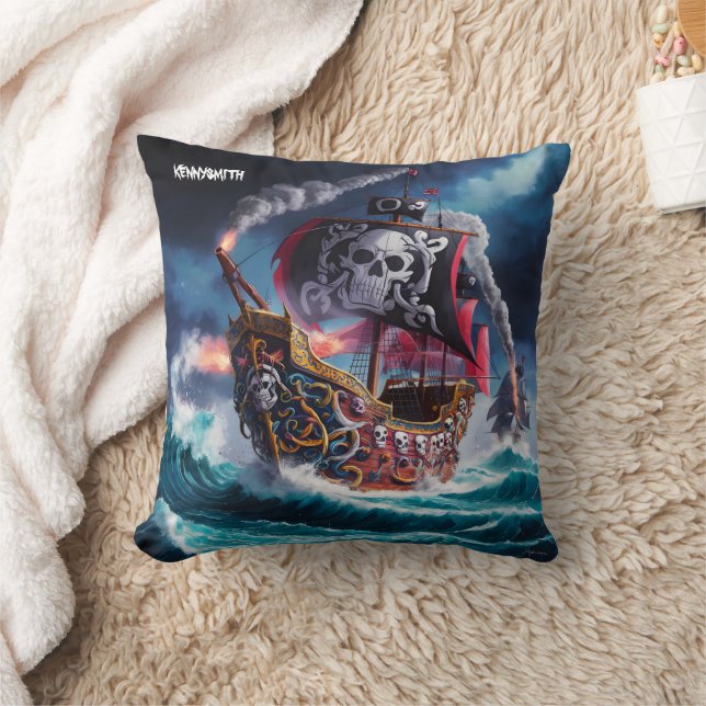 Pirate Ship Sailing Through Stormy Seas at Dusk Cushion (Blanket)