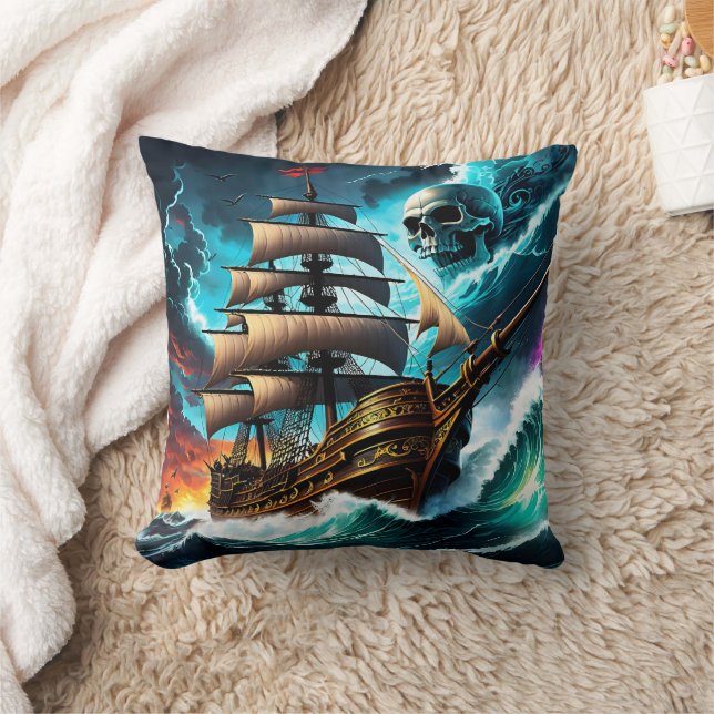 Pirate Ship Sailing Through Stormy Seas at Dusk Cushion (Blanket)