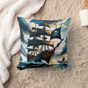 Pirate Ship Sailing Through Stormy Seas at Dusk Cushion