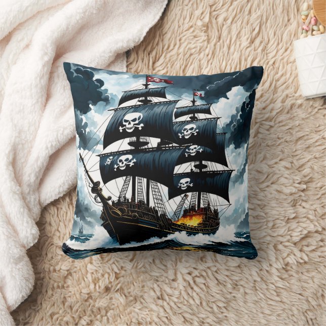 Pirate Ship Sailing Through Stormy Seas at Dusk Cushion (Blanket)
