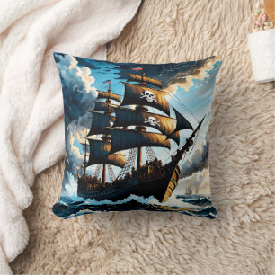 Pirate Ship Sailing Through Stormy Seas at Dusk Cushion