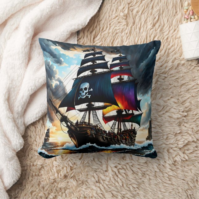 Pirate Ship Sailing Through Stormy Seas at Dusk Cushion (Blanket)