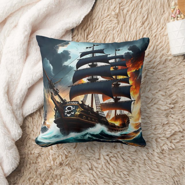 Pirate Ship Sailing Through Stormy Seas at Dusk Cushion (Blanket)