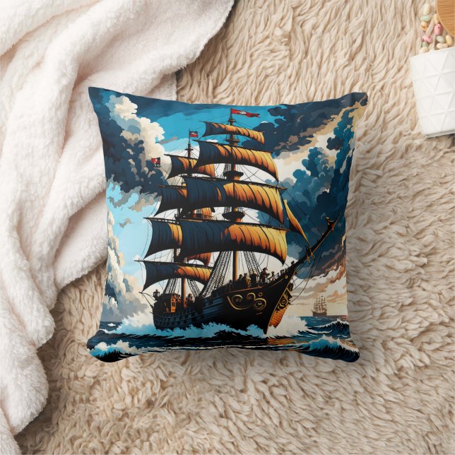 Pirate Ship Sailing Through Stormy Seas at Dusk Cushion (Blanket)
