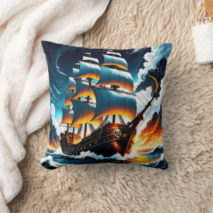 Pirate Ship Sailing Through Stormy Seas at Dusk Cushion