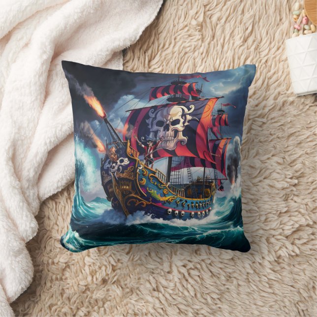 Pirate Ship Sailing Through Stormy Seas at Dusk Cushion (Blanket)