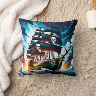 Pirate Ship Sailing Through Stormy Seas At Dusk Cushion