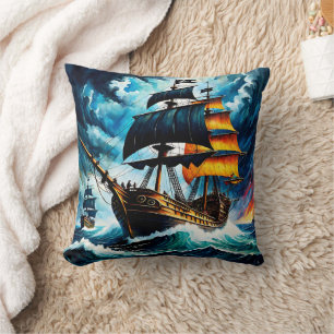 Pirate Ship Sailing Through Stormy Seas at Dusk Cushion