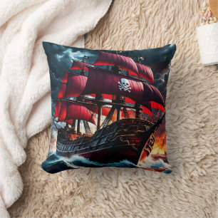 Pirate Ship Sailing Through Stormy Seas at Dusk Cushion