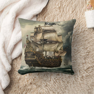 Pirate Ship Sailing Through Stormy Seas at Dusk Cushion