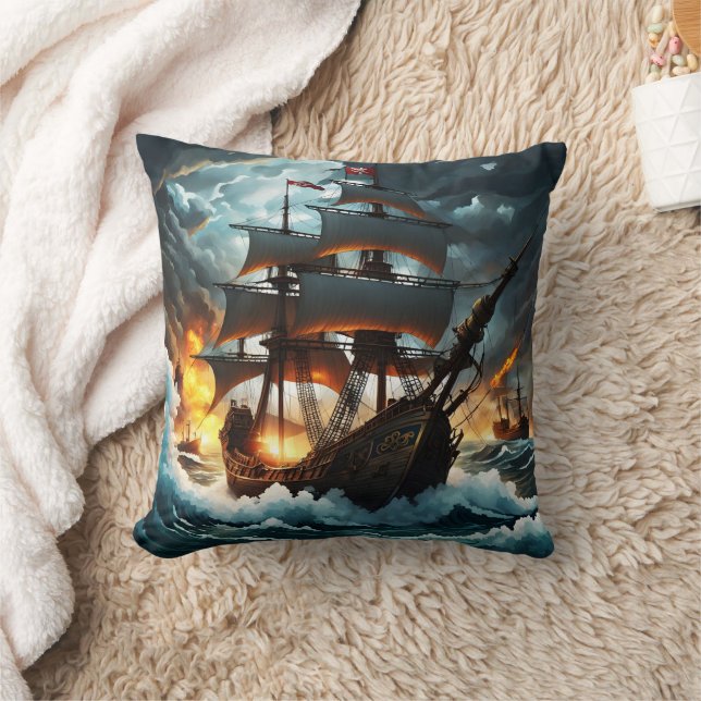Pirate Ship Sailing Through Stormy Seas at Dusk Cushion (Blanket)