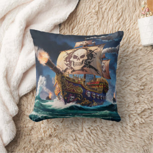 Pirate Ship Sailing Through Stormy Seas at Night Cushion