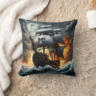 Pirate Ship Sailing Through Stormy Seas at Night Cushion
