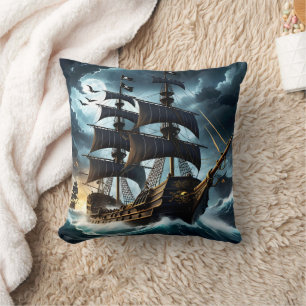 Pirate Ship Sailing Through Stormy Seas at Night Cushion