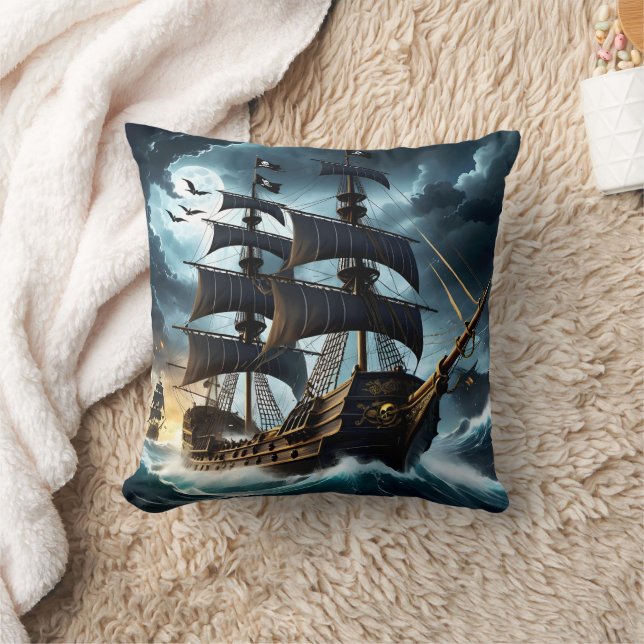 Pirate Ship Sailing Through Stormy Seas at Night Cushion (Blanket)