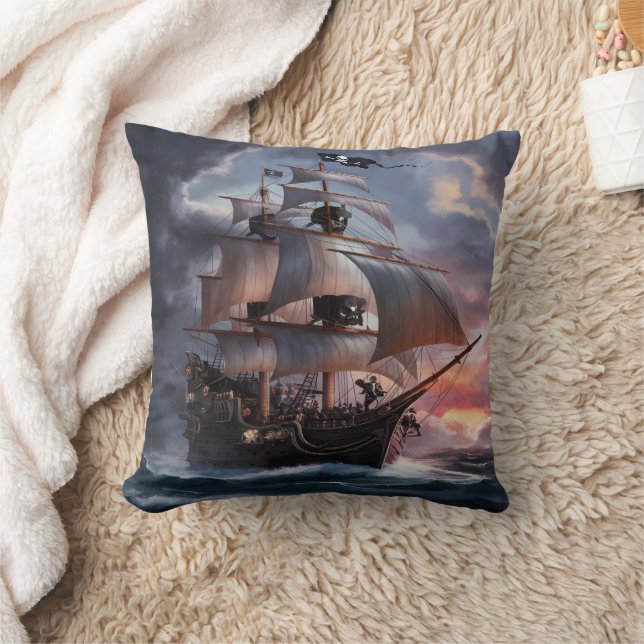 Pirate Ship Sailing Through Stormy Waters at Dusk Cushion (Blanket)