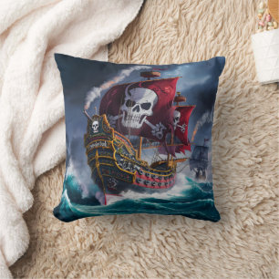 Pirate Ship Sailing Through Stormy Waters at Dusk Cushion
