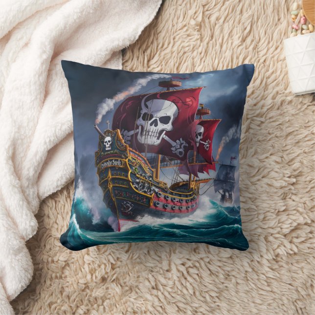 Pirate Ship Sailing Through Stormy Waters at Dusk Cushion (Blanket)