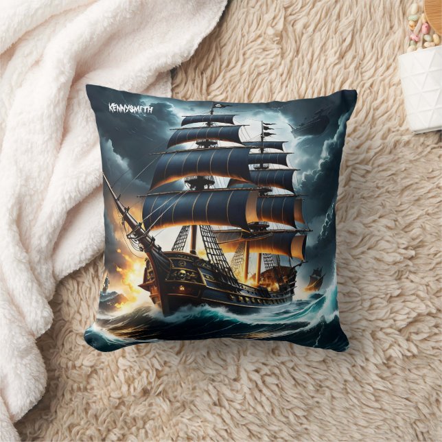 Pirate Ship Sailing Through Stormy Waters at Dusk Cushion (Blanket)