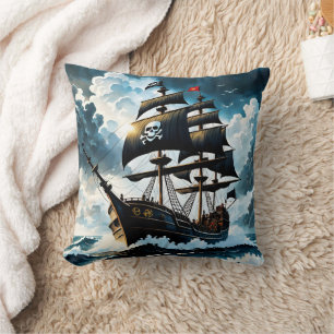 Pirate Ship Sailing Through Stormy Waters Cushion