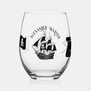 Pirate Ship Skull Crossbones Flag Map Name Stemless Wine Glass